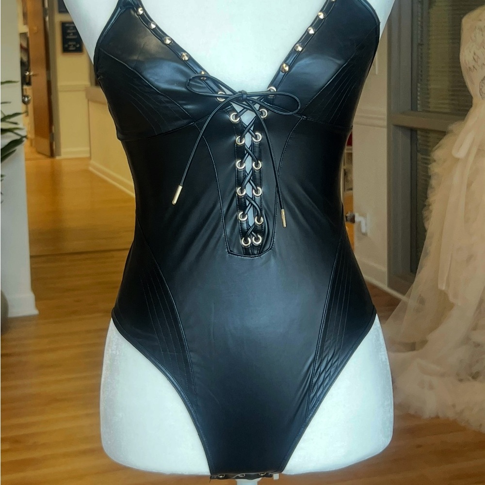 Honey Birdette Black Lace-Up Bodysuit XS
